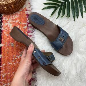 Dr. Scholl's Blue Brown Wood Slip On Slide Clog Sandal Boho Chunky 10